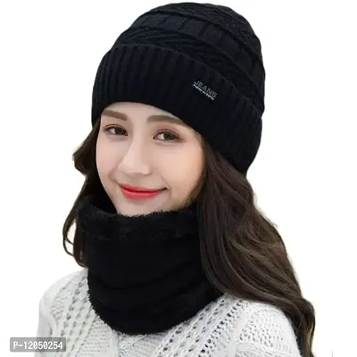 FashionIO? - Autumn and Winter Men's I Women's Woolen Designer Cap Winter Warm Plus Velvet Windproof Ear Protection Scarf hat Set - Black Color-thumb0