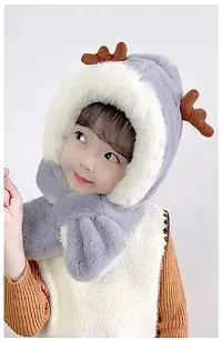 FabChoice-Kids Antler Style Winter Warm Hat Children Hat Plus Fleece Kids Caps Cartoon Elk Hat for Girls I Boys Warm Cap with Scarf (3-6 Year) Grey Colour-thumb3