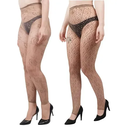 FahionIO - Women's Nylon Spandex High Waist Fishnet (Mix Design) Stocking Pantyhose-Brown Color-Pack of 2