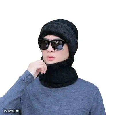 FabChoice - 2 in 1 Knitted Middle Age Men/Gentlemen Pullover Cap Ear Protection Outdoor Wool Warm Windproof Hat/Cap with Scarf Black Color