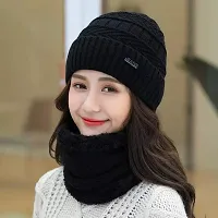 FashionIO? - Autumn and Winter Men's I Women's Woolen Designer Cap Winter Warm Plus Velvet Windproof Ear Protection Scarf hat Set - Black Color-thumb1