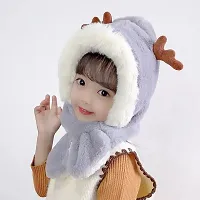 FabChoice-Kids Antler Style Winter Warm Hat Children Hat Plus Fleece Kids Caps Cartoon Elk Hat for Girls I Boys Warm Cap with Scarf (3-6 Year) Grey Colour-thumb1