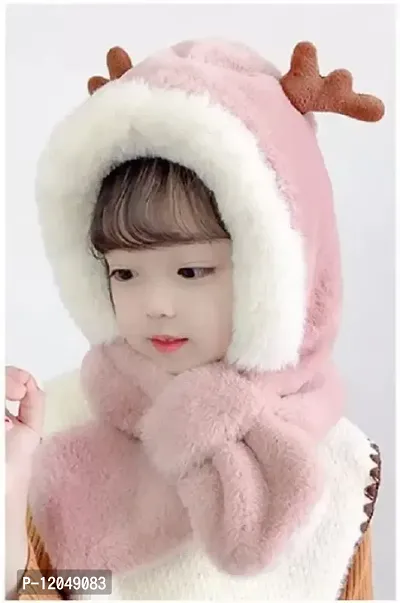 FabChoice- Winter Warm Hat Children Hat Plus Fleece Kids Caps Cartoon Antler Hat for Girls I Boys Warm Cap with Scarf (3-6 Year) Pink Colour-thumb3