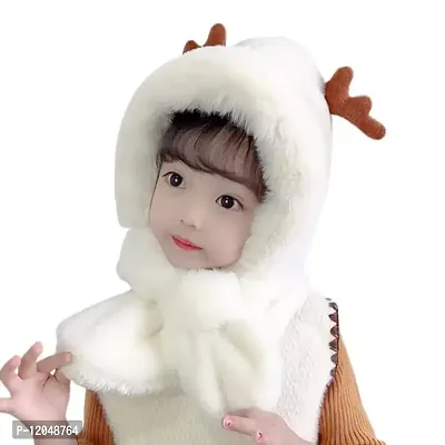 FabChoice-Kids Antler Style Winter Warm Hat Children Hat Plus Fleece Kids Caps Cartoon Elk Hat for Girls I Boys Warm Cap with Scarf (3-6 Year) White Colour