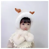 FabChoice-Kids Antler Style Winter Warm Hat Children Hat Plus Fleece Kids Caps Cartoon Elk Hat for Girls I Boys Warm Cap with Scarf (3-6 Year) White Colour-thumb3