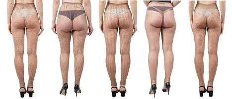 FahionIO - Women's Nylon Spandex High Waist Fishnet (Mix Design) Stocking Pantyhose-Brown Coffe Color-Pack of 5-thumb1