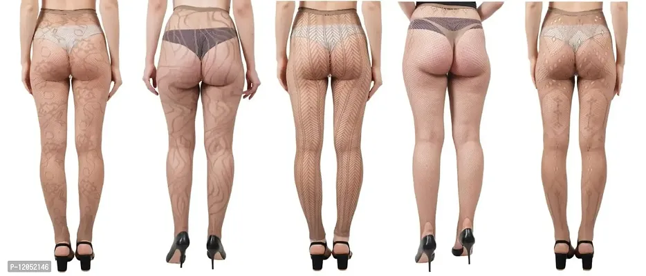 FahionIO - Women's Nylon Spandex High Waist Fishnet (Mix Design) Stocking Pantyhose-Brown Coffe Color-Pack of 5-thumb2