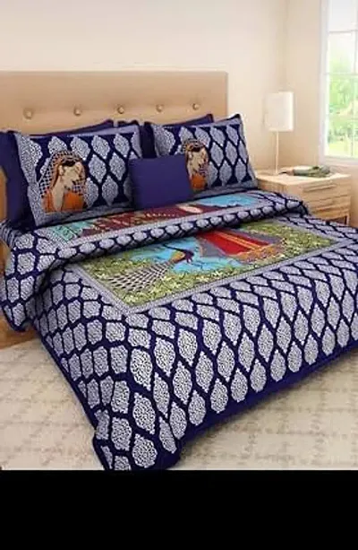 Krishna Handloom Jaipuri Print Cotton Bed Sheet for Double Bed with Two Pillow Cover Size 90 x 100 Inch Blue