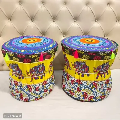 Rajasthani Mudda/Cover Bamboo Stool Cover Set of Two Footstool Bamboo Cover Yellow Colour Mudda Ottoman Pouffe Cover Size 17x18 Inches Set of 2 Pieces (muda Cover Only) Elephant-thumb0