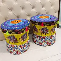 Rajasthani Mudda/Cover Bamboo Stool Cover Set of Two Footstool Bamboo Cover Yellow Colour Mudda Ottoman Pouffe Cover Size 17x18 Inches Set of 2 Pieces (muda Cover Only) Elephant-thumb3