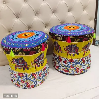 Rajasthani Mudda/Cover Bamboo Stool Cover Set of Two Footstool Bamboo Cover Yellow Colour Mudda Ottoman Pouffe Cover Size 17x18 Inches Set of 2 Pieces (muda Cover Only) Elephant-thumb4