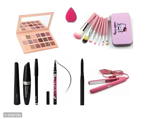 18 Colors nude eyeshadow palette 7 Pcs pink color hello kitty makeup brush set Mini hair straightner black kajal sketch eyeliner Mascara set combo (Set of 9)