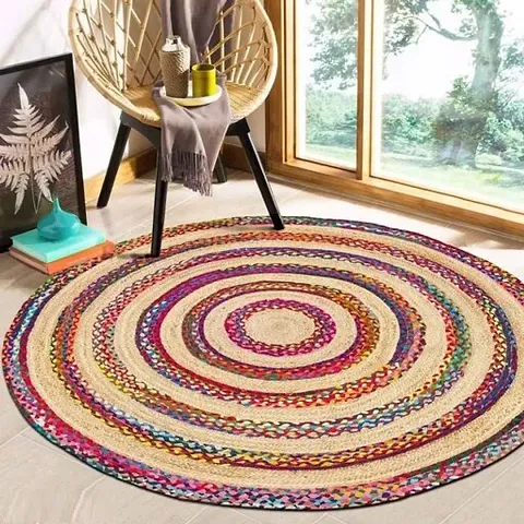 Bhuvan Handloom Jute and Multi Cotton Reversible Hand Woven Decorative Rug/Durry/Carpet/Mat for Kitchen/Home/Living Room (70 cm Round)