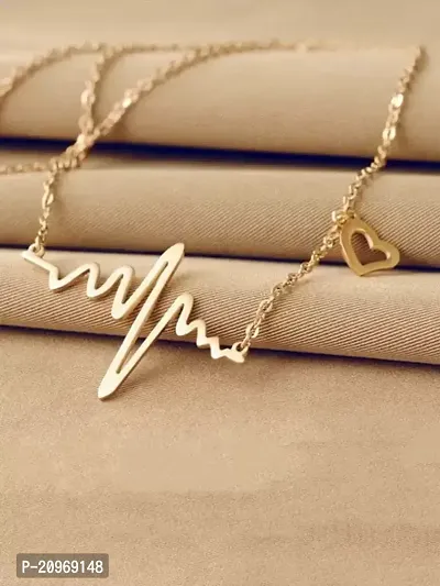 Stylish Heartbeat Shape Pendant With Chain; Cute Trendy Romantic Chain Locket For Your Loved Ones; Necklace Jewellery Gift On Valentine Birthday Anniversary For Women Girls Kids Jewelry (Gold) Metal,-thumb0