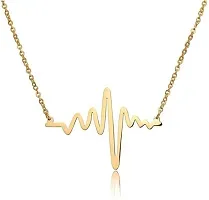 Stylish Heartbeat Shape Pendant With Chain; Cute Trendy Romantic Chain Locket For Your Loved Ones; Necklace Jewellery Gift On Valentine Birthday Anniversary For Women Girls Kids Jewelry (Gold) Metal,-thumb1
