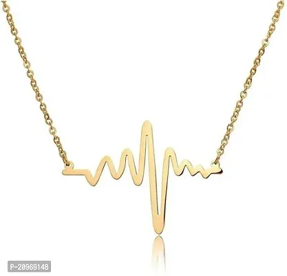 Stylish Heartbeat Shape Pendant With Chain; Cute Trendy Romantic Chain Locket For Your Loved Ones; Necklace Jewellery Gift On Valentine Birthday Anniversary For Women Girls Kids Jewelry (Gold) Metal,-thumb2