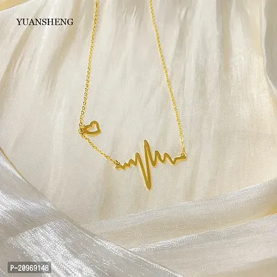 Stylish Heartbeat Shape Pendant With Chain; Cute Trendy Romantic Chain Locket For Your Loved Ones; Necklace Jewellery Gift On Valentine Birthday Anniversary For Women Girls Kids Jewelry (Gold) Metal,-thumb3