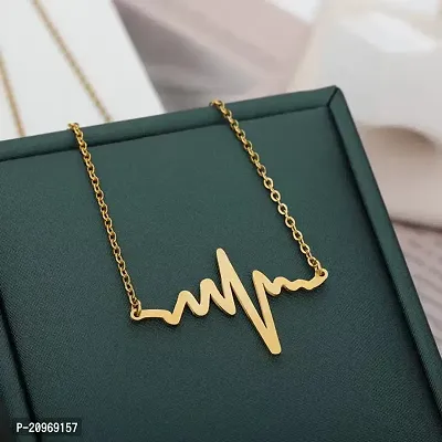 Stylish Heartbeat Shape Pendant With Chain; Cute Trendy Romantic Chain Locket For Your Loved Ones; Necklace Jewellery Gift On Valentine Birthday Anniversary For Women Girls Kids Jewelry (Gold) Metal,-thumb0