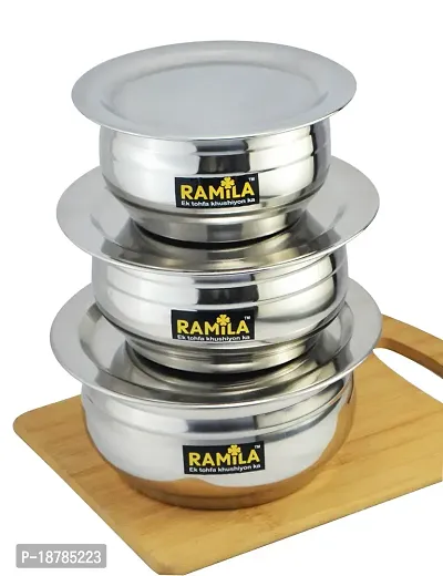 Ramila Stainless Steel Handi Set With Lid, Patila Set, bhagona Set ( 3Pcs Handi And 3 Pcs Lid )-Capacity-1500ml,1000ml,750ml