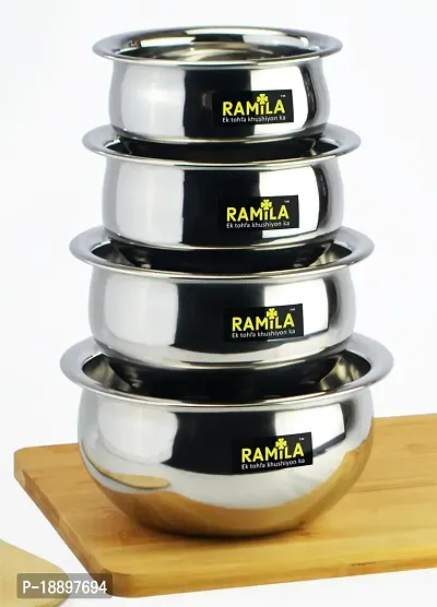 Ramila Handi Set Satinless Steel Handi  Cook  Serve Handi -Capacity 1.5liter,1liter,0.75liter,0.50liter