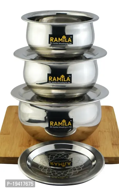 Steel Handi With Lid, patila Laser Design lid Cookware Set of 3 Pieces With lid Cooking Serving Bowl biryani Milk Pot - Capacity 1.5-L, 1-L, 0.75-L-thumb0
