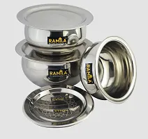 Steel Handi With Lid, patila Laser Design lid Cookware Set of 3 Pieces With lid Cooking Serving Bowl biryani Milk Pot - Capacity 1.5-L, 1-L, 0.75-L-thumb1