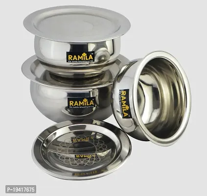 Steel Handi With Lid, patila Laser Design lid Cookware Set of 3 Pieces With lid Cooking Serving Bowl biryani Milk Pot - Capacity 1.5-L, 1-L, 0.75-L-thumb2