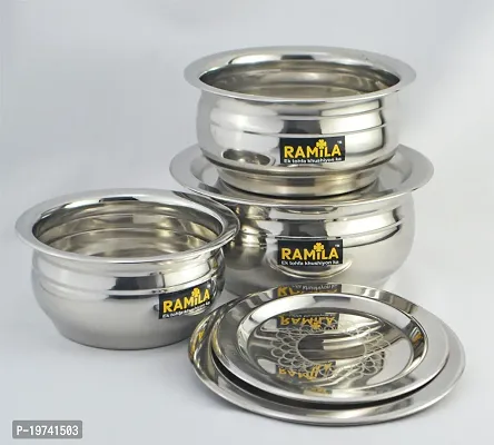 Ramila Handi Set With Lid, Patila Set With Lid, Serving Cooking Bowl,Cookware Set( Laser Design Lid )-Capacity 1.5liter,0.75liter,0.50liter-thumb0