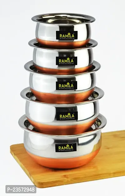 Ramila  Satinless Steel  Handi Set  Copper Coated Bottom -5 Pcs 2-L,1.5-L,1-L,0.75-L,0.50-L