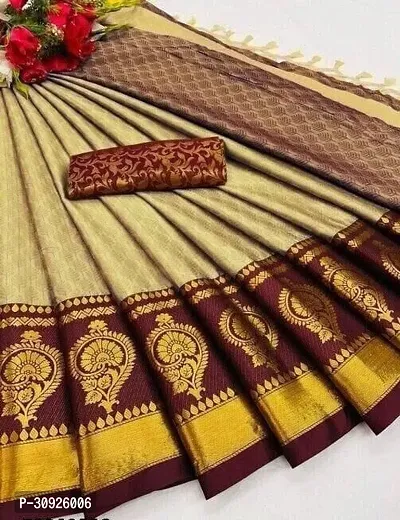 Stylish Cotton Silk Cream Woven Design Saree with Blouse Piece For Women-thumb0