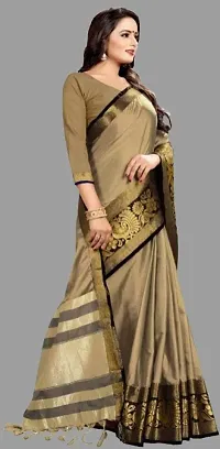 Stylish Cotton Blend Cream Woven Design Saree with Blouse Piece For Women-thumb2