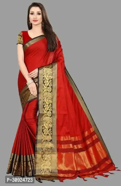 Stylish Cotton Blend Red Self Pattern Saree with Blouse Piece For Women-thumb0