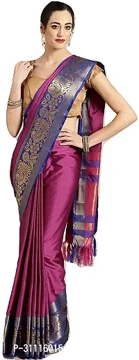 Stylish Cotton Blend Pink Woven Design Saree with Blouse Piece For Women-thumb0