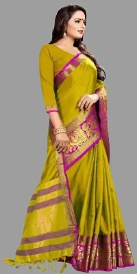 Stylish Cotton Blend Olive Woven Design Saree with Blouse Piece For Women-thumb2