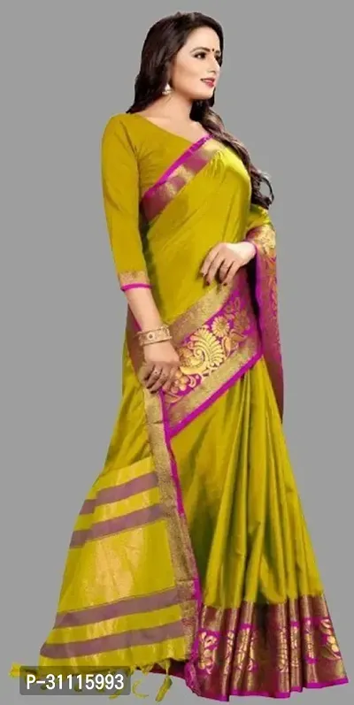 Stylish Cotton Blend Olive Woven Design Saree with Blouse Piece For Women-thumb3