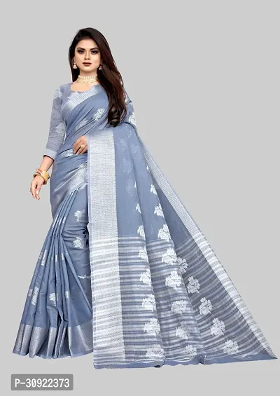 Stylish Cotton Silk Grey Woven Design Saree With Blouse Piece For Women-thumb0