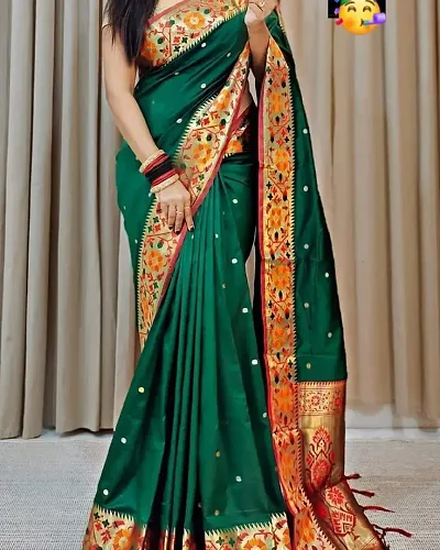 Paithani Aura Cotton Silk Contrast jacquard border Sarees with Blouse Piece