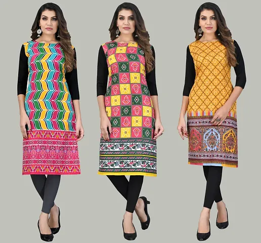 Stylish Crepe Printed Long Kurti - Pack Of 3