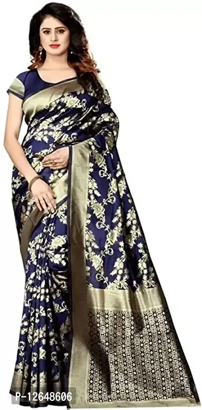 Women's Premium Soft Silk Saree Zari Vintage Indian Blouse 100% Woven Sarees Handwoven Fabric Traditional Women's Wedding Piece Bollywood Designer (NAVY BLUE)-thumb0