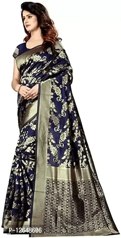 Women's Premium Soft Silk Saree Zari Vintage Indian Blouse 100% Woven Sarees Handwoven Fabric Traditional Women's Wedding Piece Bollywood Designer (NAVY BLUE)-thumb2