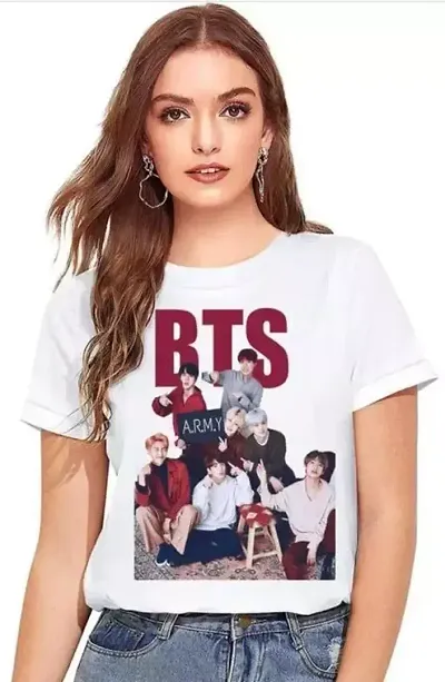 Naygt White BTS Casual Regular Tshirt for Women and Girls