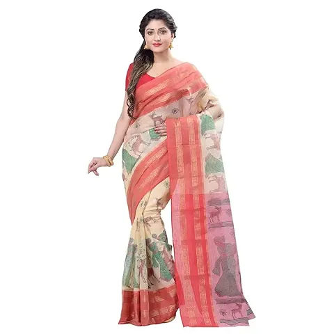 dB DESH BIDESH Women's Shakuntala Design Tant Handloom Pure Saree Without Blouse Piece (Red Off-White)