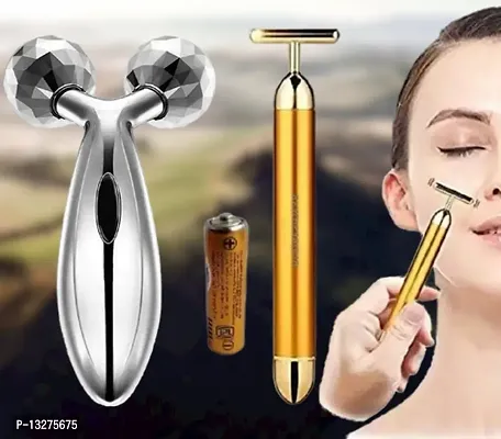 Trendy Golden Energy Beauty Bar Massager 24 K Gold Electric Vibration Facial Massage Roller Waterproof Face Skin Care T-Shaped Anti Wrinkle Golden Massager Skin Carewith 3D Roller Massager