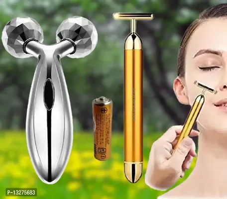 Trendy Golden Energy Beauty Bar Massager 24 K Gold Electric Vibration Facial Massage Roller Waterproof Face Skin Care T-Shaped Anti Wrinkle Golden Massager Skin Carewith 3D Roller Massager