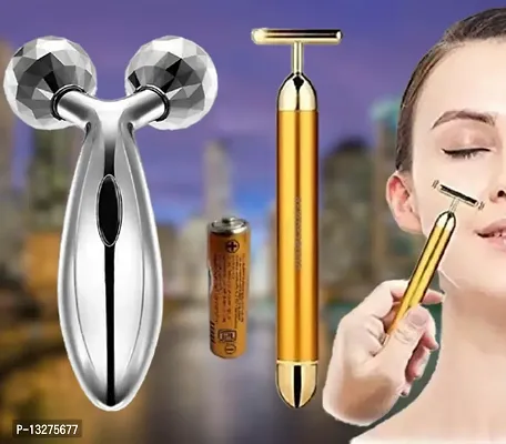 Trendy Golden Energy Beauty Bar Massager 24 K Gold Electric Vibration Facial Massage Roller Waterproof Face Skin Care T-Shaped Anti Wrinkle Golden Massager Skin Carewith 3D Roller Massager