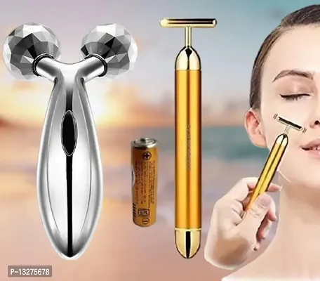 Trendy Golden Energy Beauty Bar Massager 24 K Gold Electric Vibration Facial Massage Roller Waterproof Face Skin Care T-Shaped Anti Wrinkle Golden Massager Skin Carewith 3D Roller Massager-thumb0