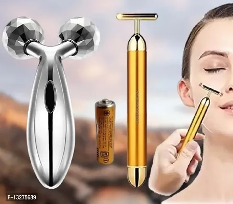 Trendy Golden Energy Beauty Bar Massager 24 K Gold Electric Vibration Facial Massage Roller Waterproof Face Skin Care T-Shaped Anti Wrinkle Golden Massager Skin Carewith 3D Roller Massager