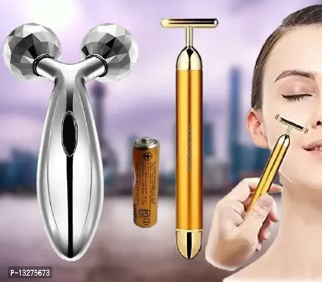 Trendy Golden Energy Beauty Bar Massager 24 K Gold Electric Vibration Facial Massage Roller Waterproof Face Skin Care T-Shaped Anti Wrinkle Golden Massager Skin Carewith 3D Roller Massager-thumb0