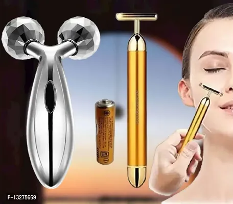 Trendy Golden Energy Beauty Bar Massager 24 K Gold Electric Vibration Facial Massage Roller Waterproof Face Skin Care T-Shaped Anti Wrinkle Golden Massager Skin Carewith 3D Roller Massager