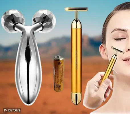 Trendy Golden Energy Beauty Bar Massager 24 K Gold Electric Vibration Facial Massage Roller Waterproof Face Skin Care T-Shaped Anti Wrinkle Golden Massager Skin Carewith 3D Roller Massager